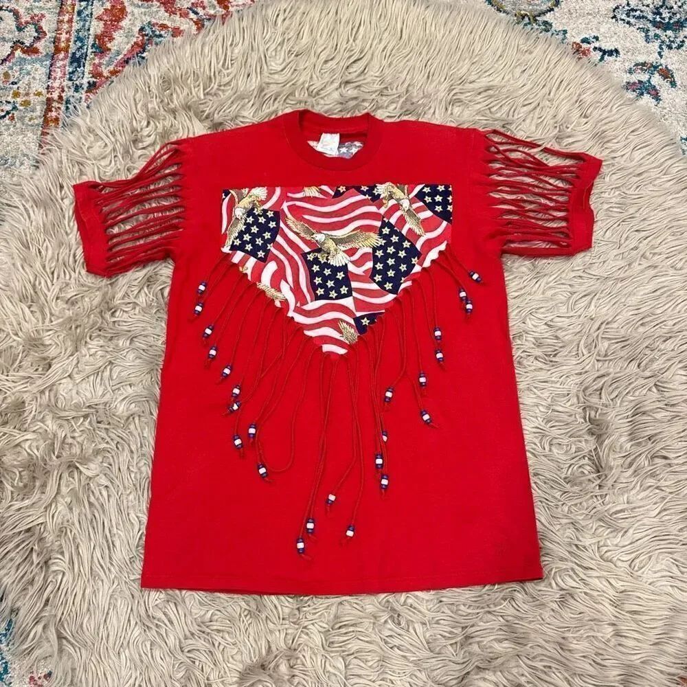 Handmade vintage fringe and beads American flag USA t-shirt large
